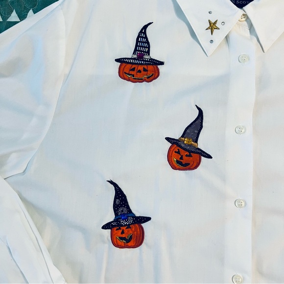 Vintage Karen Scott Halloween Themed Embroidered White Button Down Shirt XL - Picture 4 of 9